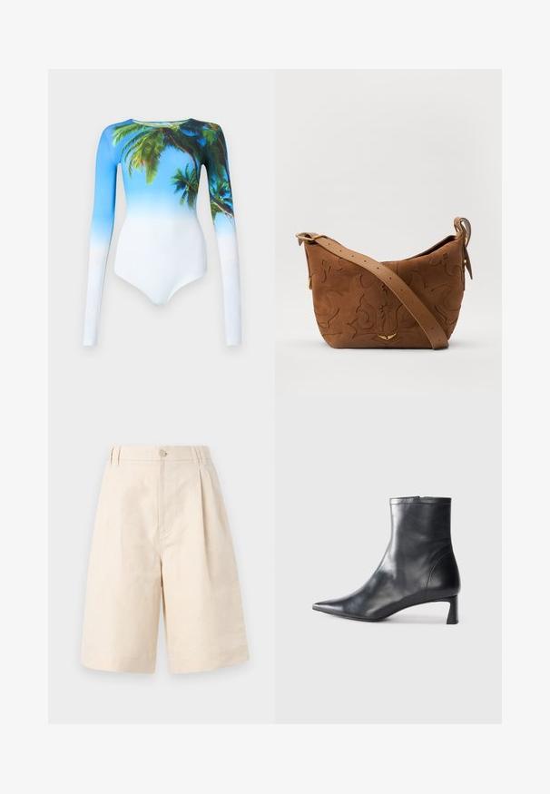 Hosszú ujjú fürdőruha, amely kék és fehér színátmenettel van díszítve, a vállaknál pálmafákkal, sima, rugalmas anyagból készült.; Beige lenvászon rövidnadrág laza fitben, gombos zárással, plisszírozott kialakítással és térdig érő hosszúsággal. Sima textúra és egyszerű stílus.; Fekete bőr bokacsizma hegyes orral és letisztult dizájnnal. Alacsony sarka és hátsó cipzáras záródása van. Simának tűnő textúra.; Barna velúr válltáska, dombornyomott virágmintával, sima barna bőrpánttal és arany színű fém kiegészítőkkel.