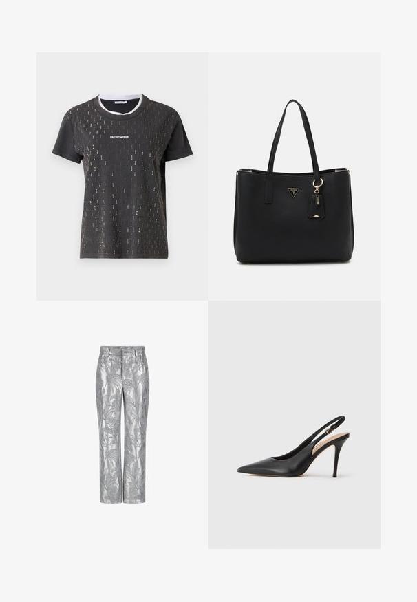 Tmavě šedé tričko s kulatým výstřihem, které má zlaté metalické detaily v svislém vzoru. Logo "PATRIZIAPEPE" je umístěno uprostřed.; Stříbrem vyšívané kalhoty s motivem listů, rovného střihu a hladkým, lesklým povrchem. Funkční kapsy a zapínání na knoflík.; Černá kožená slingback lodička na vysokém podpatku s špičatou špičkou, hladkým povrchem a jemným páskem se metalickou sponou.; Černá taška přes rameno vyrobená z texturovaného syntetického materiálu, s dvojitými uchy, zlatým logem a malou visačkou s akcentem.