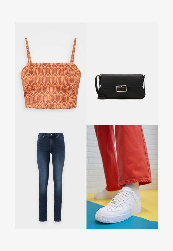 Wielokolorowy krótki top na cienkich ramiączkach, z falistym wzorem w odcieniach pomarańczowego, czerwonego i brązowego na teksturowanej tkaninie.; Ciemnoniebieskie wąskie dżinsy wykonane z denimu, z klasycznym pięciopocketowym wzorem, zapinane na guzik, z delikatnym wyblaknięciem na udach.; Białe skórzane sneakersy z perforowanym czubkiem, teksturowaną podeszwą i białymi sznurowadłami, w połączeniu z szerokimi czerwonymi spodniami na niebiesko-żółtym tle.; Czarna skórzana torebka kopertowa z klapką i detalem w postaci złotej metalowej klamry. Zawiera czarny pasek oraz elegancki, minimalistyczny design.; Srebrne kolczyki w kształcie obręczy z skręconym wzorem, z polerowanym wykończeniem i zapięciem na sztyft. Mają średnicę około 3 cm.