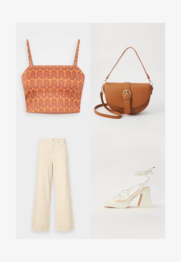 Multicolored cropped top with thin straps, featuring a wavy pattern in orange, red, and brown on a textured fabric.; Beige wide-leg jeans made of cotton. Features a button closure, belt loops, and front pockets with a smooth, soft texture.; White high-heeled sandal with a chunky heel, featuring a strappy design and ankle tie. Smooth texture with a platform front for added height.; Brown leather crossbody bag with a curved shape, gold hardware, and a buckle accent. Features a detachable shoulder strap.