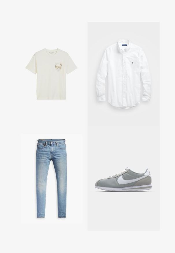 T-shirt branca de manga curta com decote redondo, pequeno estampado de paisagem natural e texto na área do bolso do peito esquerdo.; Camisa de botões de manga longa branca em algodão. Apresenta um colarinho clássico, punhos com botão e um pequeno logótipo bordado em azul-marinho no peito.; Jeans slim fit em azul claro com leve desbotamento nas coxas, fecho frontal por botão, passantes para cinto e estilo de cinco bolsos sobre um fundo branco.; Sapatilha atlética cinza com um cabedal em camurça e têxtil, símbolo Nike branco e atacadores brancos. Apresenta uma sola de borracha texturizada e colarinho acolchoado.