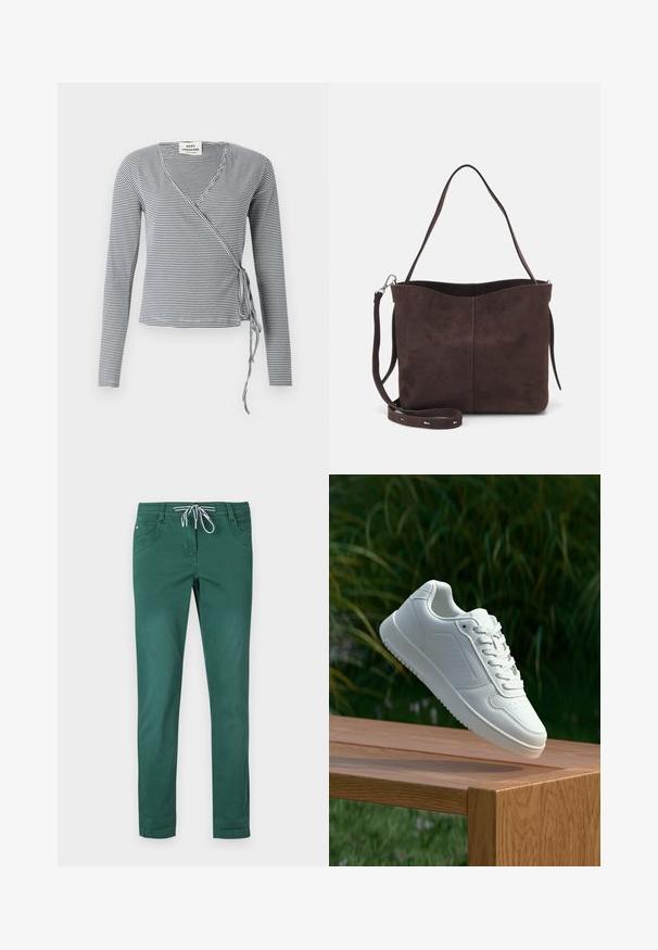 Bluză cu mâneci lungi, dintr-un material neted, cu dungi bleumarin și albe, decolteu în V și închidere cu fundă pe partea stângă.; Pantaloni verzi din amestec de bumbac cu un design drept, talie cu șnur și două buzunare frontale. Textură netedă și fără modele.; Sneaker alb cu un upper sintetic neted, cu vârf perforat, șireturi plate și o talpă texturată, expus pe o suprafață de lemn.; Geantă tote din suede maro, cu o textură moale, având un singur mânere pentru umăr și o deschidere superioară subtil curbată. Fără detalii hardware vizibile.