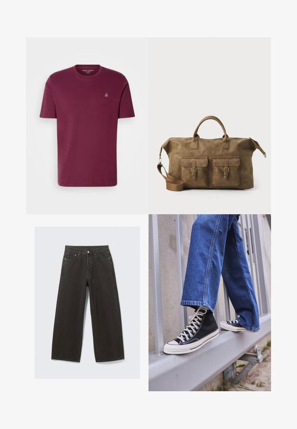 Burgundy bomull t-shirt med rund hals, korta ärmar och en liten vit "M OP" logotyp på bröstet. Slät textur och regular fit.; Långärmad knäppt skjorta i mjuk gul tyg, med en texturerad yta, krage och en enkel ficka på vänster bröst.; Breda ben svarta denimjeans har hög midja, femfickorsdesign och knäppning med knapp. Tyget har en mjuk, texturerad yta.; Svarta högskurna sneakers med vit sula och snören, tillsammans med lösa blå jeans, vilande på ett grått räcke.; Brun läder duffelväska med två framfickor, justerbart axelband, guldfärgad hårdvara och stadiga handtag. Slät textur.