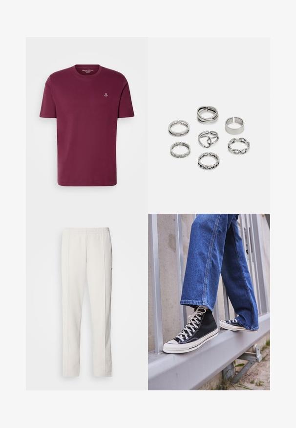 Burgundiškas medvilninis marškinėliai su apvalioms iškirptėmis, trumpomis rankovėmis ir mažu baltu „M OP“ logotipu ant krūtinės. Lygus paviršius ir reguliari forma.; Lacoste Treningo apatinė dalis - hammam; Juodi aukšti sportiniai bateliai su baltu padu ir raišteliais, derinami su laisvai krentančiais mėlynais džinsais, atremti į pilką turėklą.; Septyni sidabriniai žiedai, nusprendti įvairiais dizainais, įskaitant susuktus, susietus ir raižytus raštus. Skirtingos formos ir pločiai.