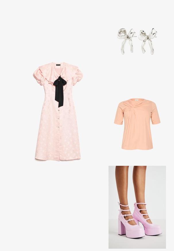 Tričko s krátkým rukávem ve světle broskvové barvě s detailním zkrouceným designem na přední straně, vyrobené z měkké, lehké látky s kulatým výstřihem.; Světle růžové květinové midi šaty s nabíranými rukávy, přehozeným límcem, předními knoflíky a černou mašlí na výstřihu.; Koi Footwear PEARL DEWDROP PLATFORM HEELS - Lodičky na vysokém podpatku - pink; Stříbrné náušnice ve tvaru luku s leštěným povrchem. Mezi jejich vlastnosti patří texturovaný povrch a zakřivený design, s upevněním na puzety.