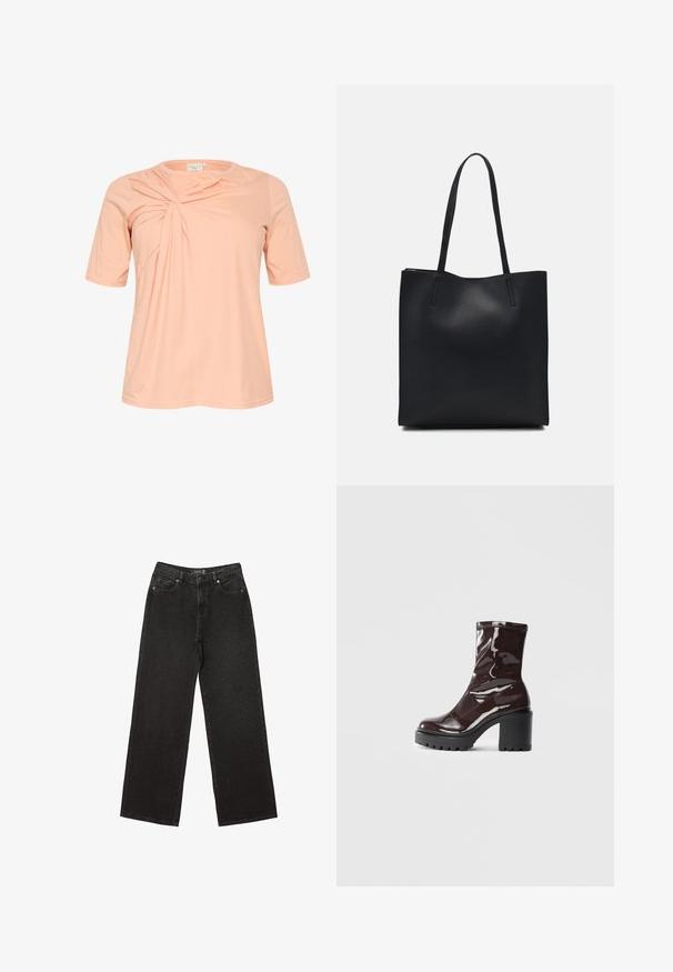 Majica s kratkimi rokavi v svetlo breskevni barvi, ki ima na sprednji strani zasnovo z zvitim detajlom. Narejena je iz mehke, lahke tkanine in ima okroglo ovratnik.; Črne široke jeans hlače iz denima, z majhnimi pikčastimi vzorci, klasičnim petim žepom ter z gumbom in zadrgo za zapiranje.; Sijajan škrlatank z bleščečim videzom, z masivnim črnim peto, ki se ponaša z gladko teksturo in preprostim dizajnom. Brez vidnih zapenjal ali vzorcev.; Črna usnjena torba s svilnato teksturo, pravokotne oblike in dvema dolgima ročajema. Brez vidnih metalnih delov ali okrasnih elementov.