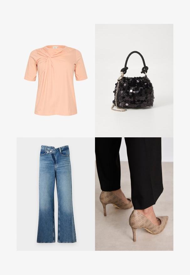 Svetlo broskyňový tričko s krátkym rukávom, ktoré má na prednej strane skrútený dizajn, vyrobené z jemnej, ľahkej látky s okrúhlym výstrihom.; Svetlomodré denimové nohavice s rozšírenými nohavicami a vysokým pásom, so dvoma gombíkmi a prednými vreckami. Materiál má vyblednutú textúru s jemnými variáciami.; Béžové lodičky na vysokom opätku s textúrovanou tkaninou a opakujúcim sa vzorom. Dizajn so špicatou špičkou, zadným akcentom a zlatým detailom na opätku.; Čierna mini kabelka so štrasom, s uzlovým textúrovaným popruhom a strieborným reťazom. Guľatý tvar s riaseným vrchom a reflexnými detailmi.