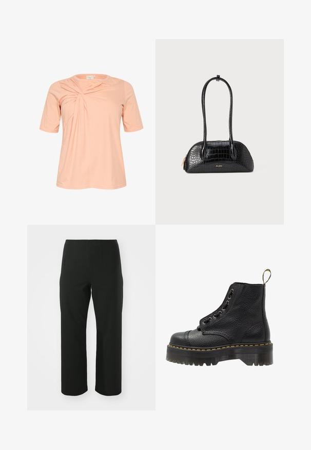 T-shirt à manches courtes, couleur pêche clair, avec un détail de design torsadé à l'avant, fabriqué en tissu doux et léger avec un col rond.; Vero Moda Curve VMCAUGUSTA PANT - Pantalon classique - black; Bottines en cuir noir avec surface texturée, bout arrondi, lacets, coutures jaunes et une épaisse semelle noire crantée.; Sac à main noir avec motif crocodile, texture lisse, forme arrondie et deux poignées fines. Accent logo en or près de la base.; Boucles d'oreilles en argent, forme ronde, surface en métal lisse, sans embellissements visibles, design léger, épaisseur uniforme.