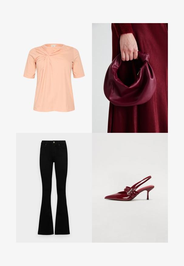 T-Shirt mit kurzen Ärmeln in zartem Pfirsichton, das an der Vorderseite mit einem gedrehten Designdetail versehen ist. Hergestellt aus weichem, leichtem Stoff mit Rundhalsausschnitt.; Schwarze hochtaillierte Jeans mit einem Knopf- und Reißverschluss, Fronttaschen und ausgestellten Beinen, flach auf einem weißen Hintergrund ausgelegt.; Rote Lackleder Slingback-Absätze mit spitzem Zeh, zwei Schnallenriemen und einem schlanken, mittelhohen Stiletto-Absatz. Glatte Textur.; Burgunderleder-Handtasche mit einem weichen, gerafften Design und einer gerundeten Form. Der Griff ist gesichert und zeigt eine glatte Textur.