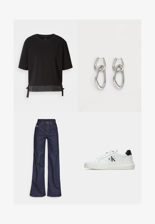 Black short-sleeve T-shirt made of soft fabric, featuring a satin-like accent at the hem with adjustable ties for fit.; Dark blue wide-leg jeans in denim fabric with a high waist, featuring orange stitching, five-pocket design, and a button closure.; White low-top sneaker with black heel tab, platform sole, laces, and Calvin Klein "CK" logo on the side.; Calvin Klein STATEMENT LINKS - Earrings - silver-coloured