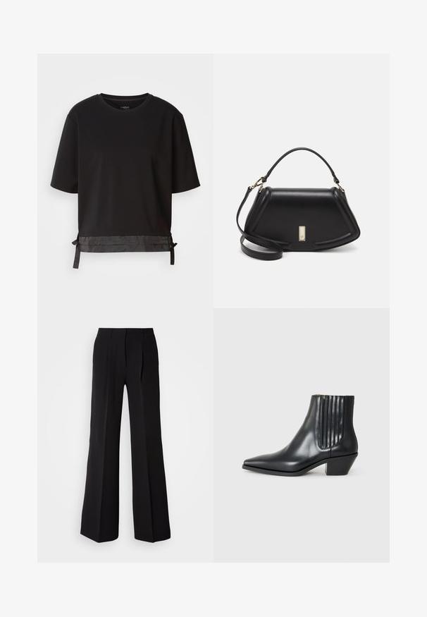 Czarna koszulka z krótkim rękawem, wykonana z miękkiego materiału, z satynowym akcentem przy dolnym wykończeniu oraz regulowanymi sznurkami dla lepszego dopasowania.; Czarne spodnie wykonane z gładkiej tkaniny, z wysokim stanem, szerokimi nogawkami oraz dwoma frontowymi zakładkami dla dodatkowego efektu wizualnego.; Czarne skórzane botki za kostkę z wysmuklonym noskiem, elastycznymi bocznymi panelami z pionowymi rowkami oraz niskim blokowym obcasem. Gładka tekstura i elegancki design.; Czarna skórzana torebka o strukturalnym designie, z przyciętą formą, górnym uchwytem i złotymi akcentami. W zestawie regulowany pasek na ramię.