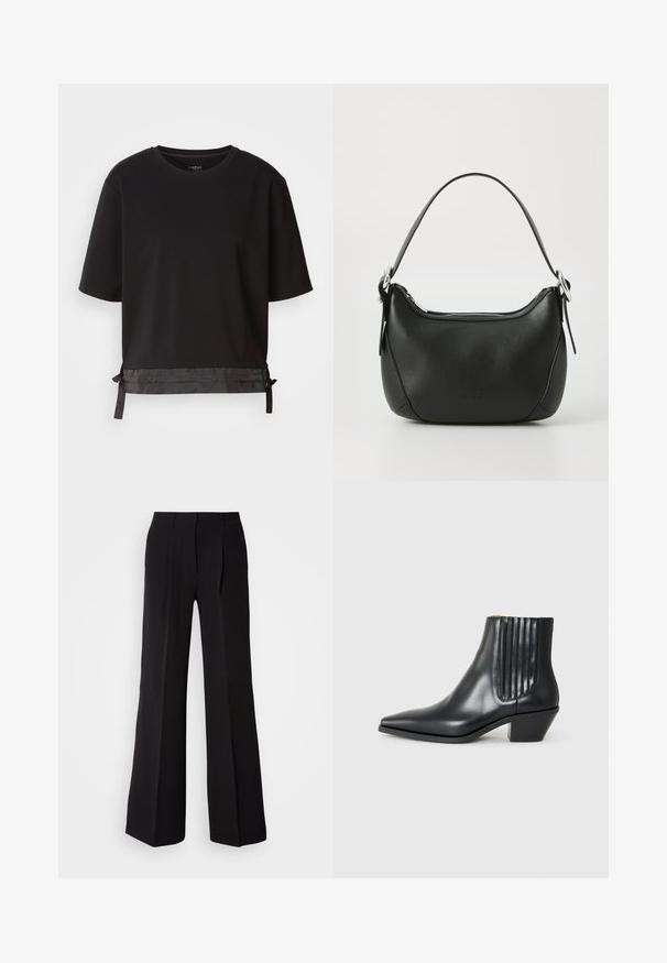 Musta lyhythihainen T-paita, joka on valmistettu pehmeästä kankaasta. Paitaa koristelee satiinimainen yksityiskohta helman kohdalla, ja siinä on säädettävät nauhat sopivuuden varmistamiseksi.; Mustat housut, jotka on valmistettu sileästä kankaasta, korkea vyötärö, leveä lahje ja kaksi etupleattiä lisäsuunnittelun yksityiskohtana.; Musta nahkainen nilkk boot, jossa on terävä kärki, elastiset sivupaneelit pystyröytiä ja matala lohkarepohja. Sileä pinta ja tyylikäs muotoilu.; Musta nahkakäsilaukku, jossa on kaareva muoto, hopeinen vetoketju ja lyhyt kahva. Edessä on hienovarainen logo ja pinta on sileä.