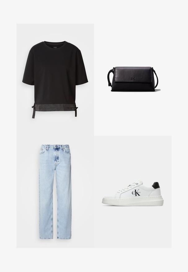 Crni kratki rukavi majica od mekog materijala, s satenskim detaljem na rubu i podesivim vezicama za bolju prilagodbu.; Svijetloplave široke traperice od denima, s visokim strukom, izblijedjelim pranjem i suptilnim uzorkom tie-dye na prednjoj strani.; Bijeli niskotoperani tenisice s crnom petom, platformom, vezicama i "CK" logotipom Calvin Kleina sa strane.; Crna kožna torbica u obliku pravokutnika, glatke teksture, s ravnim preklopom i malom ručkom sa strane. Ima diskretni logo.
