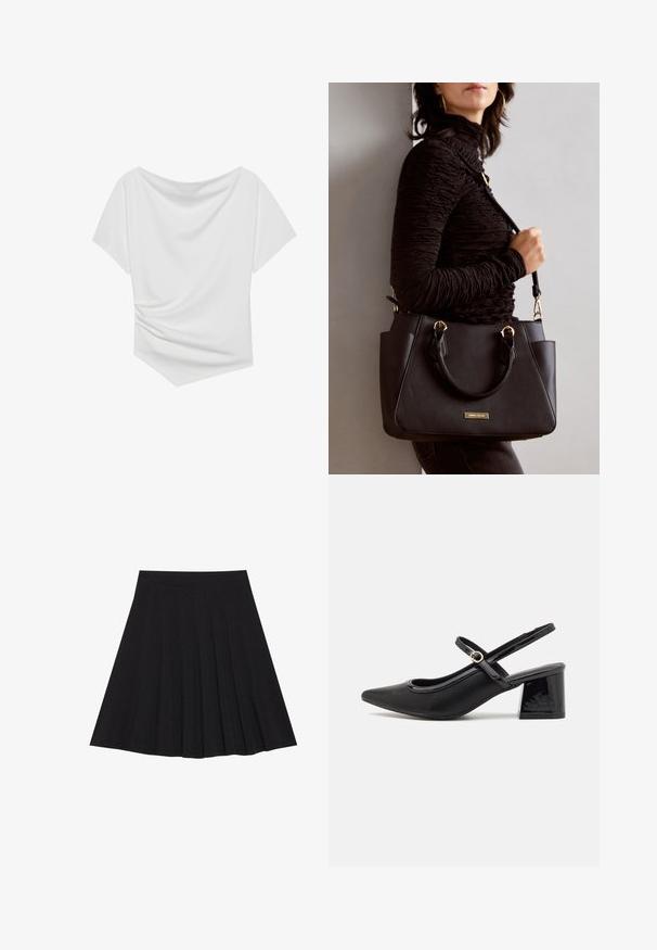 Top bianco a maniche corte con design off-the-shoulder, caratterizzato da una texture drappeggiata e un dettaglio arricciato su un lato. Tessuto morbido.; Gonna nera plissettata realizzata in tessuto strutturato con una vita aderente. Cade all'altezza del ginocchio, presentando una silhouette liscia e pulita.; Décolleté in vernice nera con cinturino dietro, punta affusolata, design con ritagli arrotondati e tacco a blocco. Presenta un accento di fibbia tono oro.; Borsa nera con superficie texturizzata, manici superiori doppi e tracolla regolabile. Dotata di hardware color oro e tasche laterali.