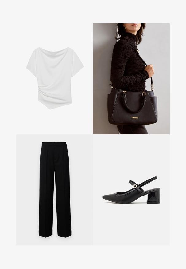 Valkoinen lyhythihainen paita, jossa on olkaimeton muotoilu, drapeerattu pinta ja kiristetty yksityiskohta yhdellä puolella. Silkkinen kangas.; Mustat leveälahkeiset housut, joissa on sileä tekstuuri. Housuissa on litteä etuosuus, laskokset ja muotoiltu vyötärö. Ei näkyvää metalliosaa tai kuvioita.; Musta lakattu nahka slingback-korkokengät, joissa on terävä kärki, pyöreä aukko-muotoilu ja lohkokorko. Varustettu kultasävyisellä solkiyksityiskohdalla.; Musta käsilaukku, jossa on teksturoitu pinta, kaksi yläkantta ja säädettävä olkahihna. Varustettu kultasävyisillä varusteilla ja sivutaskuilla.