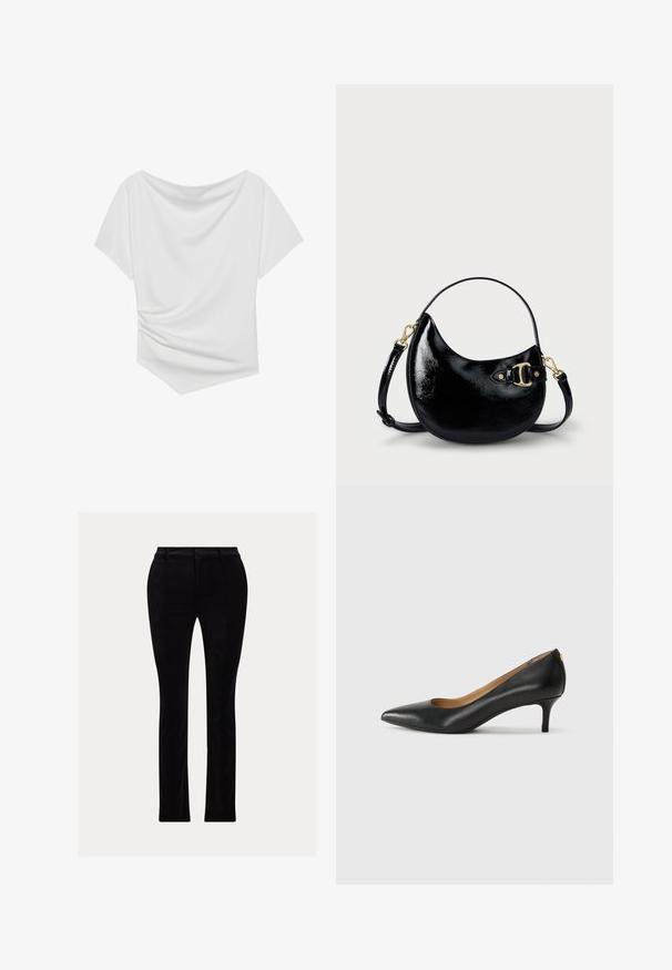 Valge lühikeste varrukatega pluus, millel on õlast alla ulatuv disain, koos volditud tekstuuri ja ühe külje kokkutõmmatava detailiga. Sile kangas.; Mustad tumedast, sametise tekstuuriga kangast. Hästi istuv lõige, sirge jalg, traditsioonilise vöökoha ja vöökummardustega.; Must musta musta, millel on terav nina, madal konts ja sile tekstuur. Omab pisut avatud osa ees ja minimaalset riistvara taga.; Must musta nahk käekott kumerate joontega, reguleeritava rihmaga ja kuldse tooniga detailidega küljel. Sile, särav tekstuur.