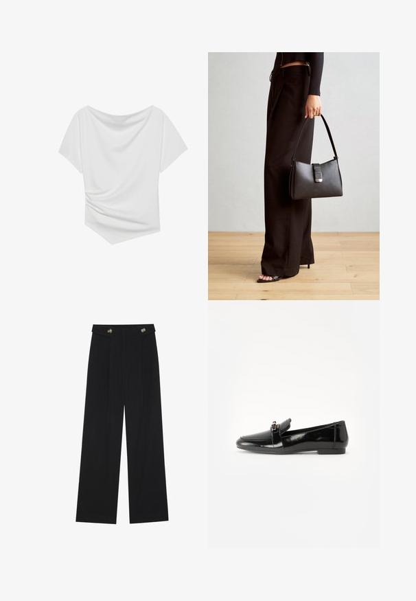 White short-sleeve top with an off-the-shoulder design, featuring a draped texture and cinched detail on one side. Smooth fabric.; Black wide-leg trousers with high waist, button details on waistband, and front pleats.; Black patent leather loafer with a flat sole, rounded toe, and a decorative strap featuring a gold-tone accent. Smooth, shiny finish.; Black handbag with structured shape, smooth texture, and a metallic clasp. Paired with wide black pants and open-toe sandals on wooden floor.
