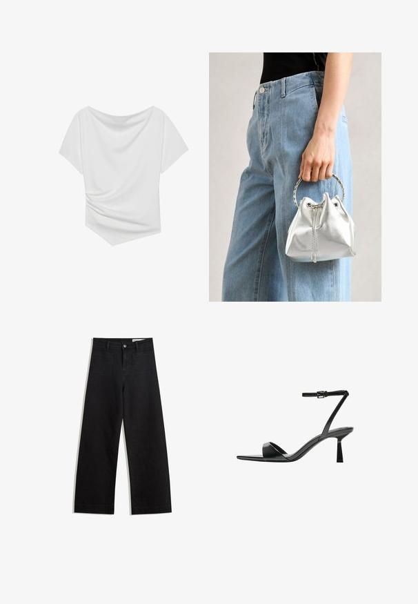 Hvid kortærmet top med off-shoulder design, der har en draperet tekstur og indsnævret detalje på den ene side. Glat stof.; Sorte wide-leg denim bukser med høj talje, der har front- og baglommer, syede sømme og en knaplukning. Glat tekstur.; Bershka Højhælede sandaletter / Højhælede sandaler - black; Metallic sølv bucket bag med en tekstureret overflade, prydet med et sølv rundt håndtag og snørelukning, holdt mod lyseblå jeans.