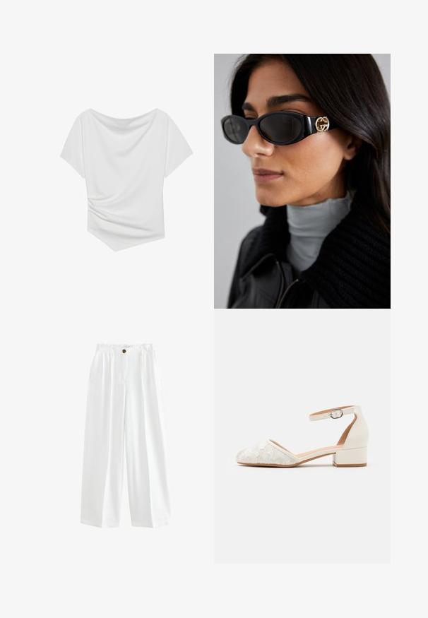 Valkoinen lyhythihainen paita, jossa on olkaimeton muotoilu, drapeerattu pinta ja kiristetty yksityiskohta yhdellä puolella. Silkkinen kangas.; Valkeat leveälahkeiset housut kevyestä kankaasta. Ominaisuuksiin kuuluvat nappikiinnitys, kaksi sivutaskua ja rento istuvuus.; Valkoinen pitsinen nilkkaskapeli, jossa on matala, jykevä korko ja teräväkärkinen muotoilu. Liukas sisävuori, teksturoidusta pitsistä valmistettu päällinen ja solkikohta.; Mustat aurinkolasit, joissa on tyylikäs suorakulmainen kehys ja kultainen logo-akkentti sivussa. Tumma linssit ja kiiltävä pinta ovat huomattavissa.