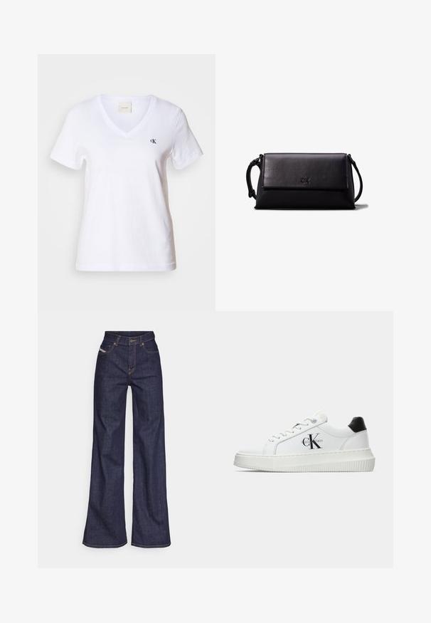 Camiseta de algodón blanca de manga corta y cuello en V, con un pequeño logo negro "CK" en el área del pecho izquierdo. Textura suave y diseño clásico.; Vaqueros de pierna ancha de color azul oscuro, fabricados en denim, con cintura alta, costuras naranjas, diseño de cinco bolsillos y cierre de botón.; Zapatilla baja blanca con talón negro, suela de plataforma, cordones y logotipo "CK" de Calvin Klein en el lado.; Bolso clutch de cuero negro con forma rectangular, textura suave, cierre plano y un pequeño asa en el lateral. Presenta un sutil logo.