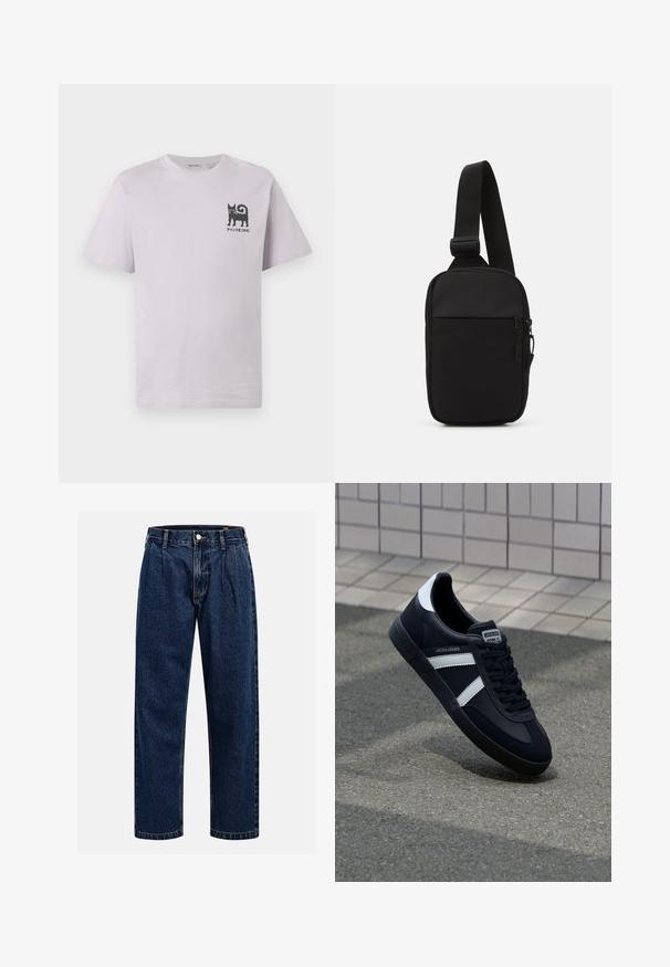 Short-sleeved, light purple cotton T-shirt with a black cat graphic and text on the left chest. Crew neckline and relaxed fit.; Dark blue denim jeans with a straight-leg design. Features visible stitching, a button closure, and front pleats for added detail.; Black leather sneaker with white stripes, textured rubber sole, and lace-up front. Features a branded label on the tongue.; Black crossbody bag made of durable fabric, featuring a single adjustable strap, a zippered main compartment, and a front pocket.