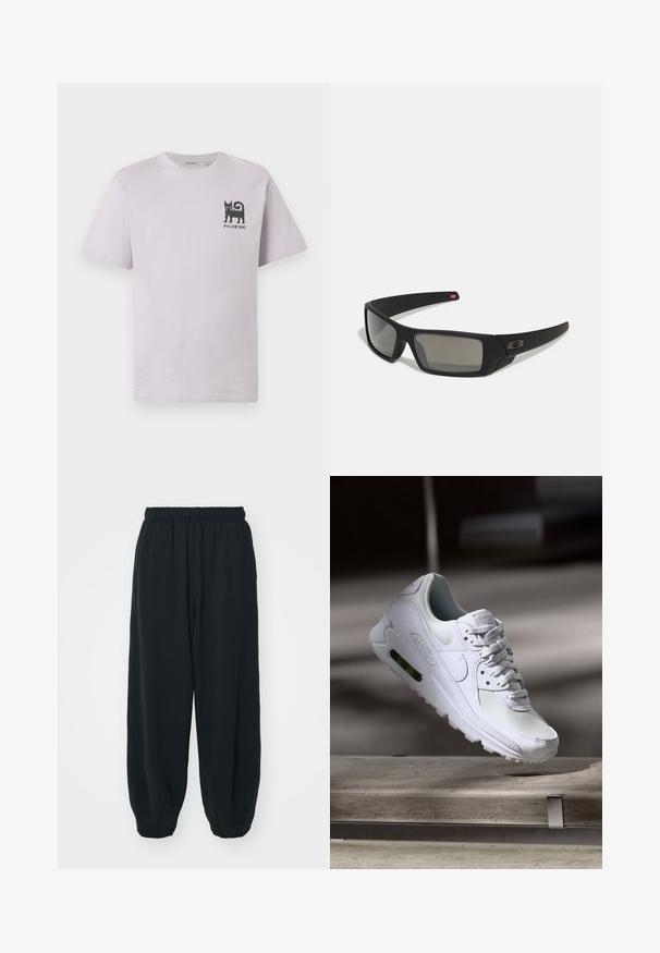 Short-sleeved, light purple cotton T-shirt with a black cat graphic and text on the left chest. Crew neckline and relaxed fit.; Black, elasticated-waist sweatpants with a loose fit, cuffed ankles, smooth texture, and no visible patterns or hardware accents.; White Nike Air Max 90 sneaker featuring a mesh and leather upper, perforated toe box, and a visible air unit in the heel.; Black sunglasses with a matte finish, rectangular lenses, slight curve on temples, subtle logo detail, and smoke-tinted lenses.