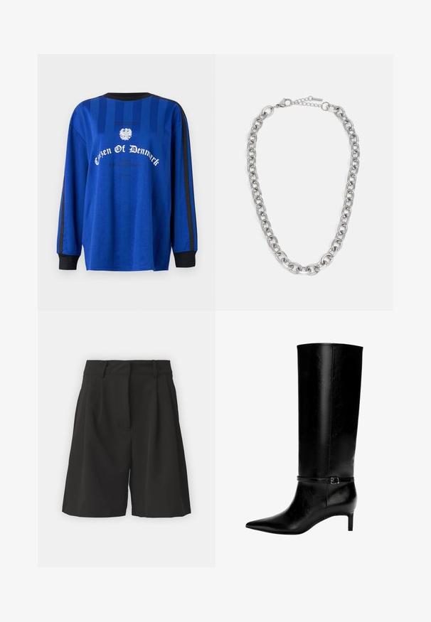 Modrá košile s dlouhým rukávem a vertikálními pruhy, černé akcenty na rukávech a grafický nápis "Občan Dánska" s korunovým logem uprostřed.; Černé kraťasy s propracovaným střihem, s nařasením vpředu, širokým pasem a hladkým povrchem. Bez viditelných kapes.; Černá kožená vysoká bota po kolena s špičatou špičkou a malým podpatkem. Obsahuje úzký pásek s kovovou sponou kolem kotníku. Hladký povrch.; Řetízek ze stříbrného tónu s oválnými články a karabinovým zapínáním, položený na bílé pozadí.