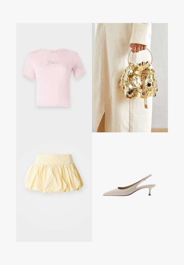 Roza bombažna majica s kratkimi rokavi, ki ima na prsih napis "Juicy" iz kristalčkov. Klasičen okrogli izrez in prilegajoč dizajn.; Rumena bombažna krila z obsežnim, nabranim dizajnom in širokim pasom. Gladka tekstura in lahka tkanina ustvarjata sproščen videz.; Bež sandale s peto, ki se zavezuje za peto, z izostrenim nosom in nizko, razširjeno peto. Narejene iz gladke usnje z minimalisticnim dizajnom in prilagodljivo zanko.; Zlatna torba s cirkonima na povlačenje s kružnom drškom, koja sadrži sjajne okrugle cirkone i teksturiranu tkaninu. Dimenzije nisu navedene.