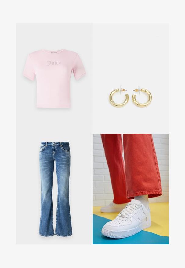 Rožinė medvilninė marškinė su trumpomis rankovėmis, ant krūtinės esančios žodžiu "Juicy", išmarginta deimantais. Klasikinis apvalus iškirpimas ir prigludusi forma.; Šviesiai mėlynos džinsinės kelnės su plačiais klešniais, išblukusiomis detalėmis, penkiais kišenėmis, siuvinėjimais ir užtrauktuku su mygtuko uždarymu.; Baltos odinės kedų sportbačiai su perforuotu pirštu, tekstūruota pado dalimi ir baltais raišteliais, derinami su plačiomis raudonomis kelnėmis ir mėlynos bei geltonos spalvų fono kompozicija.; Aukso auskarai su lygiu, blizgiu paviršiumi. Apvalus dizainas su maža užrakto dalimi ir skaidria atrama saugiam nešiojimui.