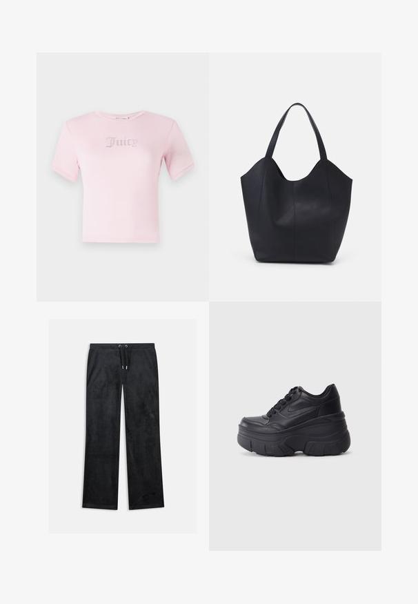 Rozā kokvilnas T-krekls ar īsām piedurknēm, kura krūtīs ir vārds "Juicy" izšūts ar rhinestone akmeņiem. Klasiska apaļa dekoltē un pieguļoša forma.; Melnas velūra bikses ar šauru piegriezumu, ar šņorējamu jostu un spīdīgu "Juicy Couture" teksta detaļu sānos.; Melni šņorējami sporta apavi ar biezu zoli, ar gludu ādas augšdaļu, noapaļotu purngalu un izteiktu slāņveida platformas dizainu.; Melnas rokassomas, kas izgatavota no gludas ādas, ar izliekto atvērto augšu, divām plecu jostām un minimālistisku dizainu.