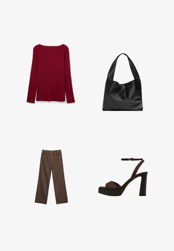Burgundská halenka s dlouhým rukávem, kulatým výstřihem, jemnou strukturou a volným střihem. Bez viditelných švů nebo ozdob.; Hnědé džíny s širokými nohavicemi vyrobené z denimu, s vysokým pasem, předními kapsami a klasickým zapínáním na knoflík. Hladká textura s jemným švem.; Hnědé semišové sandály na vysokém podpatku s otevřenou špičkou, nastavitelným páskem kolem kotníku a proužkovou platformou.; Černá kožená taška přes rameno s měkkým, volným designem, širokými uchy a hladkým povrchem. Žádné viditelné kovové doplňky nebo ozdoby.