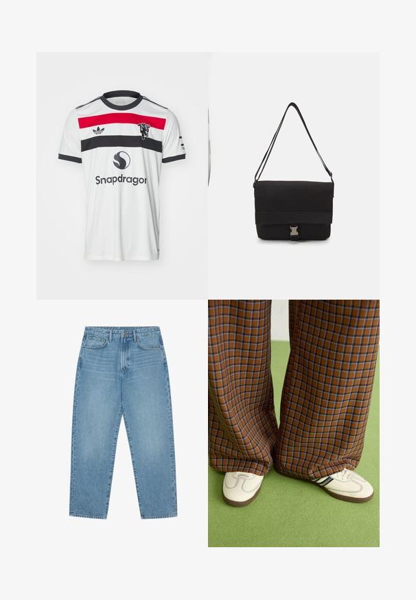 Biely športový dres s červenými a čiernymi horizontálnymi pruhmi, čiernym golierom, logom Adidas a značením "Snapdragon" na prednej strane.; Svetlo modré džíny s širokými nohavicami a vysokým pásom, s piatimi vreckami, pútkami na opasok a jemnou, mierne vyblednutou štruktúrou.; Hnedé a modré kárované nohavice s širokými nohavicami skombinované s bielymi topánkami s čiernymi akcentmi a textúrovanými podrážkami, umiestnené na zelenom pozadí.; Čierna taška na rameno vyrobená z hladkého materiálu, s preklápacím vrchným dielom, striebornými kovový ktorými a nastaviteľným ramenným popruhom.