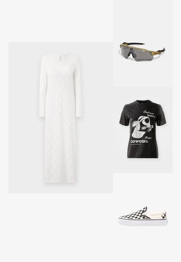 Must musta T-särk lühikeste varrukatega, millel on mustrid cowboy kübarast ja valgest tekstist. Toor serv kaela kõrgus ja kulunud tekstuur.; Pikad varrukad, valge kleit, millel on pitsmuster, V-kujuline kaelus, voolav kuju ja tekstuuriga kangas, ulatudes pahkluuni.; Mustvalged musta ja valge ruudulise mustriga "Vans" kerged kingad, millel on kanvasest ülemine osa, kummist välistald ja pehmendatud krae. Lame ümar varvas koos valgete taldade aktsentidega.; Spordiprillid rohelise mustriga raami, mustade käepidemete ja hallide läätsedega. Disain sisaldab ümber pead kulgevat stiili ja julget, sportlikku kuju.