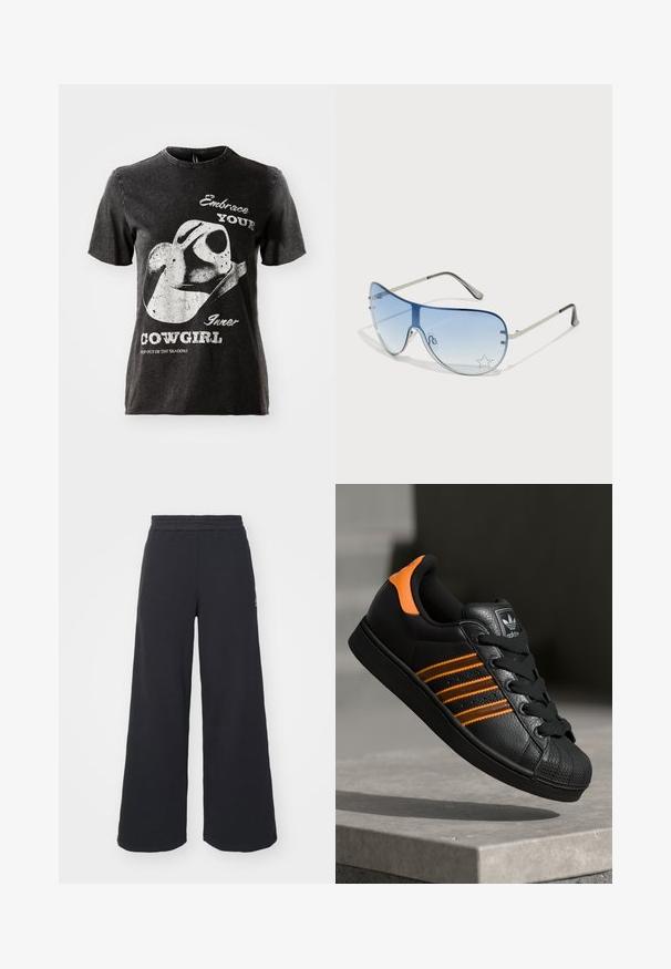 Melnas kokvilnas T-krekls ar īsām piedurknēm, kurā redzams grafisks attēls ar kovboju cepuri un baltiem uzrakstiem. Neapstrādāts apkakles malas dizains un nolietota tekstūra.; Melni platās svārku bikses, izgatavotas no mīksta auduma, ar elastīgu jostas daļu un mazu logotipu kreisajā pusē.; Melnas kedas ar oranžiem akcentiem, trīs horizontālas svītras, teksturēts ādas augšdaļa, gumijas purngala daļa un melnas auklas.; Pilotstila saulesbrilles ar gradienta zilām lēcām, sudraba metāla rāmjiem un dekoratīvām zvaigžņu akcentiem uz lēcām. Gluda un eleganta dizaina.