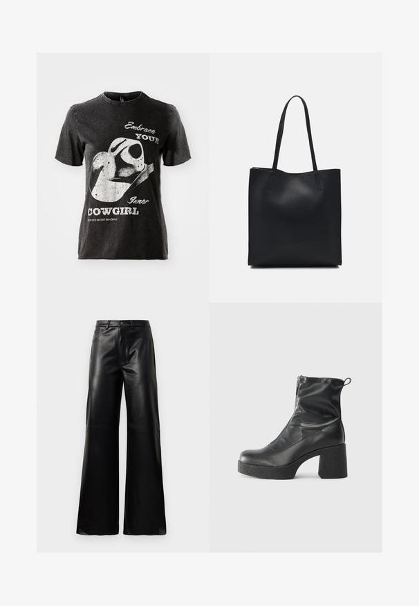 Black cotton t-shirt with short sleeves, featuring a graphic of a cowboy hat and text in white. Raw edge neckline and distressed texture.; Black high-waist wide-leg faux leather pants with front button, zip closure, belt loops, and side pockets on white background.; Black ankle boots made of smooth leather, featuring a side zipper, chunky textured heel, and rounded toe design.; Black leather tote bag with smooth texture, rectangular shape, and two long handles. No visible hardware or embellishments.
