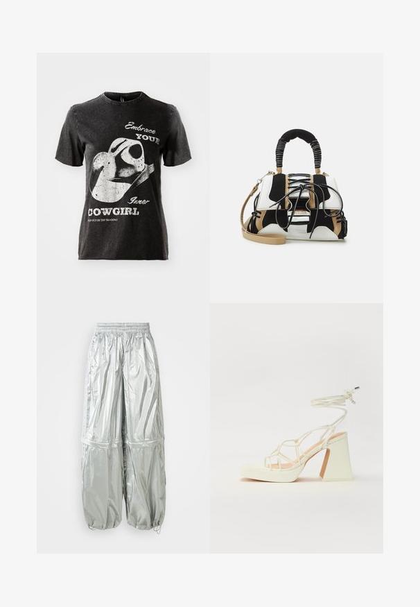 Černé bavlněné tričko s krátkými rukávy, se grafikou kovbojského klobouku a bílým textem. Neopracovaný okraj výstřihu a opotřebovaný vzhled.; Stříbrné lehké cargo kalhoty se lesklou texturou, elastickým pasem, nařasenými manžetami a dvěma velkými předními kapsami.; Bílé sandály na vysokém podpatku s robustním podpatkem, s designem s pásky a zavazováním kolem kotníku. Hladký povrch s platformou vpředu pro zvýšení výšky.; Vícebarevná kabelka s černou, bílou a béžovou síťovinou. Obsahuje texturovanou rukojeť, design na šněrování a odnímatelný popruh přes rameno.