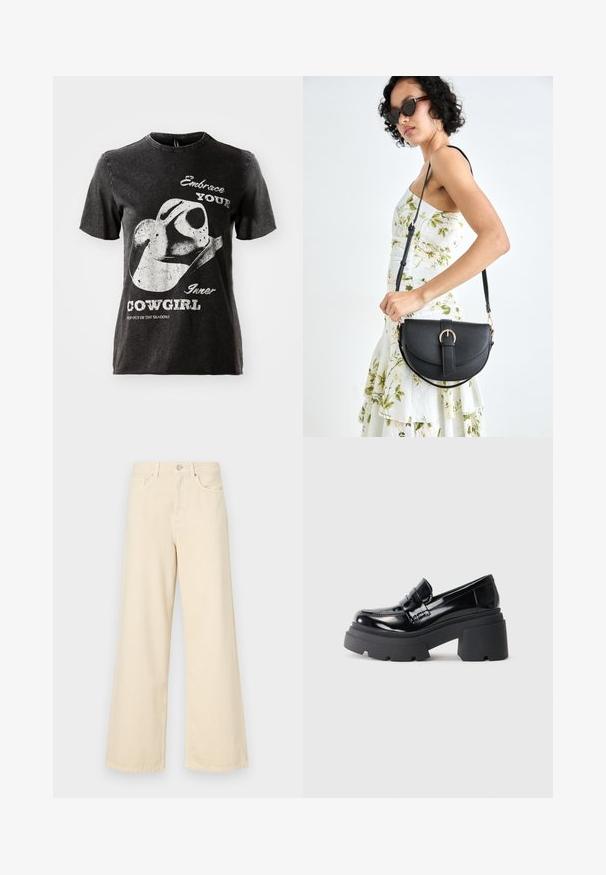 Black cotton t-shirt with short sleeves, featuring a graphic of a cowboy hat and text in white. Raw edge neckline and distressed texture.; Beige wide-leg jeans made of cotton. Features a button closure, belt loops, and front pockets with a smooth, soft texture.; Black patent leather platform loafers with a chunky rubber sole, featuring a moccasin-style front and a wide strap accent across the top.; Black leather handbag with a curved shape, detachable strap, and gold hardware. The bag features a flap with a buckle detail.