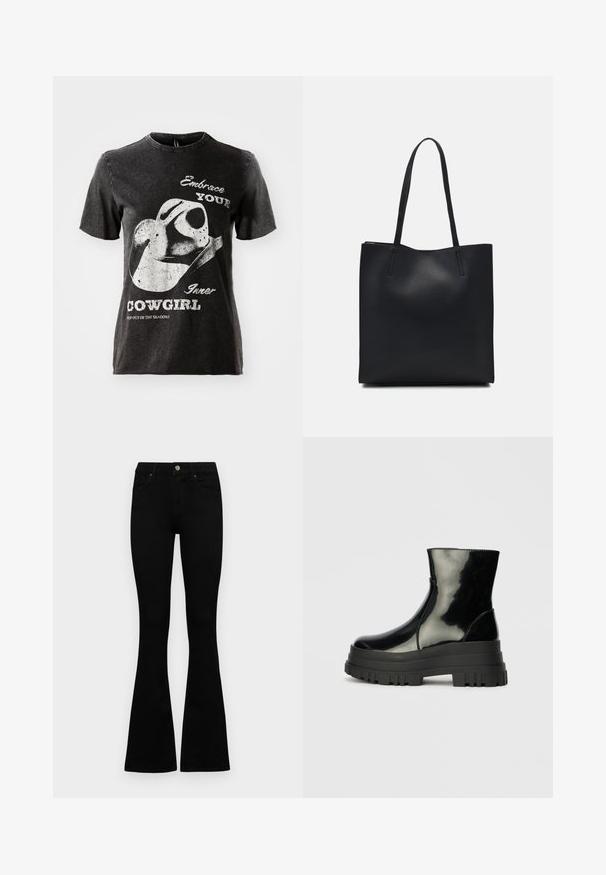 Black cotton t-shirt with short sleeves, featuring a graphic of a cowboy hat and text in white. Raw edge neckline and distressed texture.; Black high-waist jeans with a button and zip closure, front pockets, and flared legs laid flat on a white background.; Black glossy ankle boot with thick lug sole and rounded toe, side view on plain light gray background.; Black leather tote bag with smooth texture, rectangular shape, and two long handles. No visible hardware or embellishments.