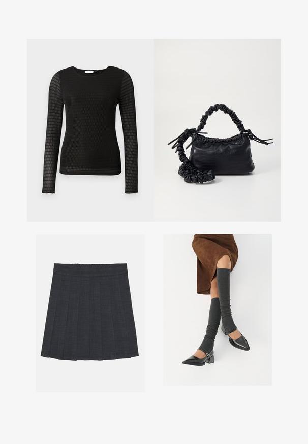Svart langermet topp laget av teksturert stoff med rutenettmønster. Har rund hals og tettsittende silhuett.; Mørkegrå plissert skjørt med elastisk midje, med teksturert stoff og en klassisk A-linje silhuett. Passer for hverdagsbruk.; Sorte lakkpumps med spiss tå, blokkhel, og ankelstropp, kombinert med grå ribbestrikkede beinvarmere og et brunt semsket skinn skjørt.; Svart faux skinn-håndveske med krokodilletekstur, strammet topp og en rynket stropp. Ser myk og kompakt ut i designen.