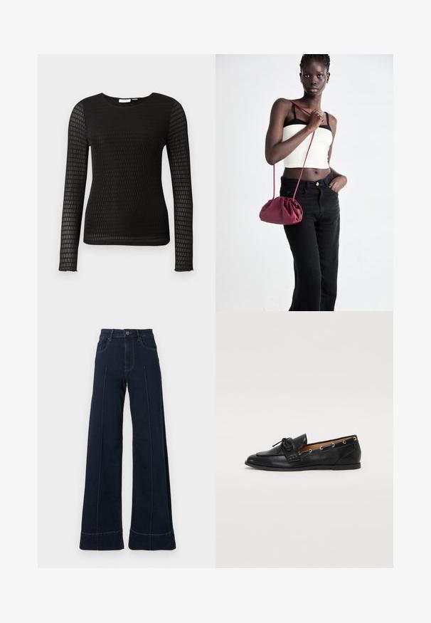 Fekete, hosszú ujjú felső, texturált anyagból, rácsos mintával. Kerek nyakkivágással és testhez simuló fazonnal rendelkezik.; Sötétkék, bőszárú farmernadrág magas derékkal, elülső zsebekkel és látható varrásokkal. Simaságú denim szövetből készült.; Fekete bőr lófarok cipők, megkötött masnival, arany szemcsés díszítéssel az oldalán és lapos gumitalppal. Simaság, klasszikus dizájn.; Burgundy puha anyagú kézitáska, ráncolt dizájnnal és hosszú pánttal, keresztben hordva. A modellen fehér rövid top és fekete farmer van.