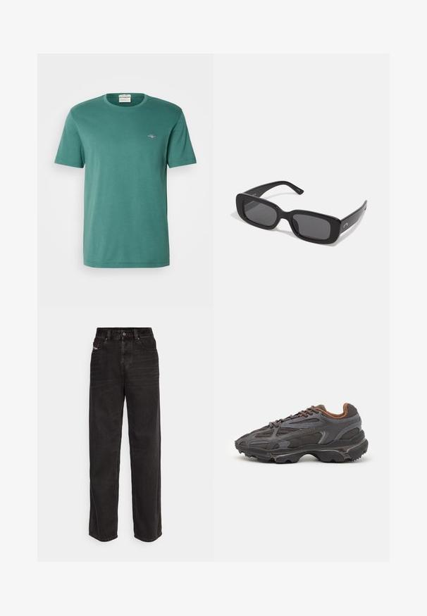 Zelena bombažna majica s krožnim izrezom in kratkimi rokavi. Ima majhen vezen logotip na prsih. Gladka tekstura, sproščen kroj.; Črne široke jeans hlače z visokim pasom, sprednjim gumbom za zapiranje, dvema stranskima žepoma in subtilnimi šivi.; Lacoste teniske v temno sivi barvi z mrežasto in sintetično prevleko, s teksturiranim podplatom in rjavimi detajli na ovratniku ter blagovni znamki.; Črne pravokotne sončne očala s temnimi lečami, gladkimi plastičnimi okvirji in širokimi ročaji. Diskretno blagovno znamko na strani.