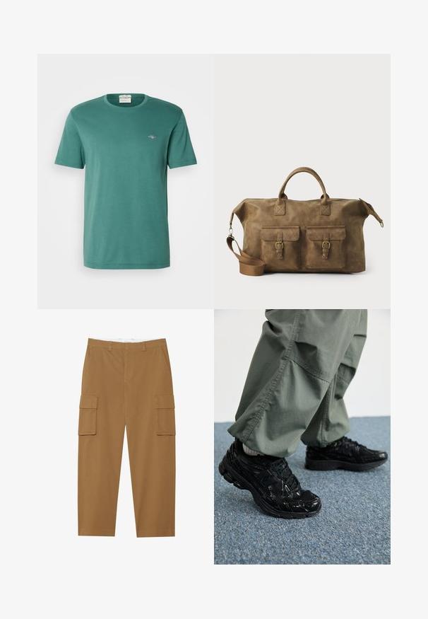 Groene katoenen T-shirt met een ronde hals en korte mouwen. Bevat een klein geborduurd logo op de borst. Soepele textuur, casual pasvorm.; Bruine cargobroek met twee zijzakken, een vlakke voorkant en een rechte pijp. Gemaakt van een duurzame stof met een gladde textuur.; Zwarte sport sneakers met glanzende en mesh texturen, voorzien van een dikke zool en veters, gecombineerd met losse olijfgroene cargobroeken.; Bruine leren weekendtas met twee voorzakken, verstelbare schouderband, gouden hardware en stevige handvatten aan de bovenkant. Strakke textuur.