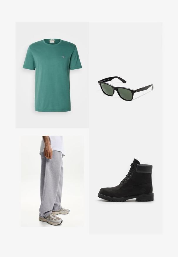 Zelené bavlněné tričko s kulatým výstřihem a krátkými rukávy. Obsahuje malé vyšívané logo na hrudi. Hladká textura, volný střih.; Šedé tepláky vyrobené z měkkého materiálu, s volným střihem a elastickým páskem. Doplněné o béžové a šedé sportovní tenisky.; Černé kotníkové boty na šněrování s polstrovaným límcem a robustní podrážkou, zobrazené v profilu na bílém pozadí.; Černé plastové sluneční brýle se zelenými skly, čtvercové obroučky, stříbrný detail na obočí a texturované stranice. Značka uvedená na vnitřní straně stranic.; Černý šátek s třásněmi na koncích; vyrobený z měkkého materiálu a má hladký povrch. Obdélníkový tvar, vhodný pro různé stylingové možnosti.