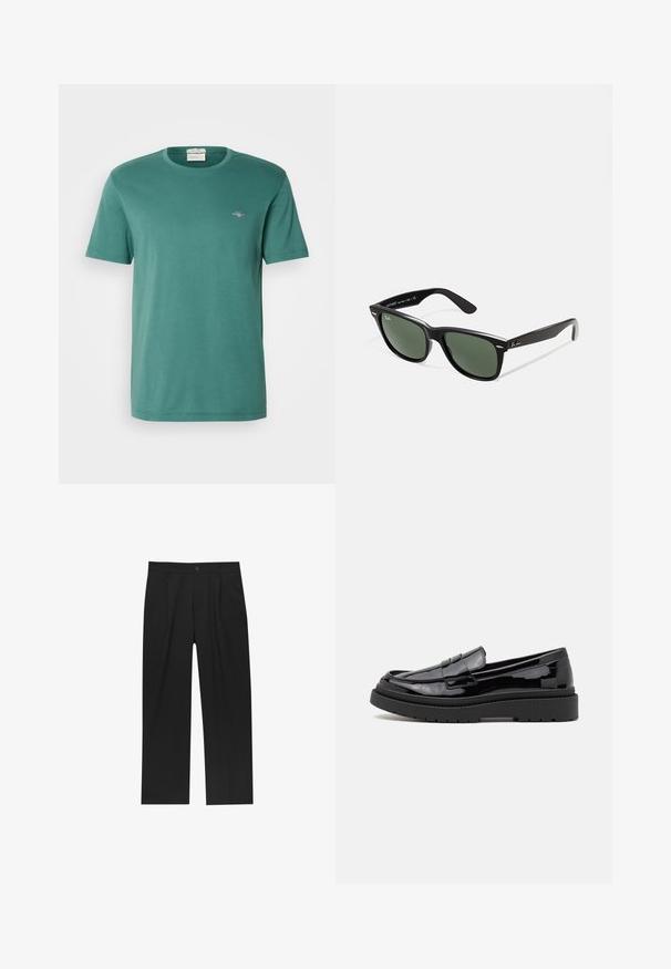 Zelena bombažna majica s krožnim izrezom in kratkimi rokavi. Ima majhen vezen logotip na prsih. Gladka tekstura, sproščen kroj.; Črne hlače z ravnim krojem, narejene iz gladkega materiala. Imajo sprednje gube in enojno zaponko na pasu.; Črne lakirane usnjene loafers čevlje z zaobljenim nosom, okrasno spono in debelim črnim gumijastim podplatom. Gladka sijajna tekstura z minimalnim šivanjem.; Črne plastične sončna očala z zelenimi lečami, kvadratni okvirji, srebrni detajl na obrvi in teksturirani ročaji. Blagovna znamka navedena na notranji strani ročaja.