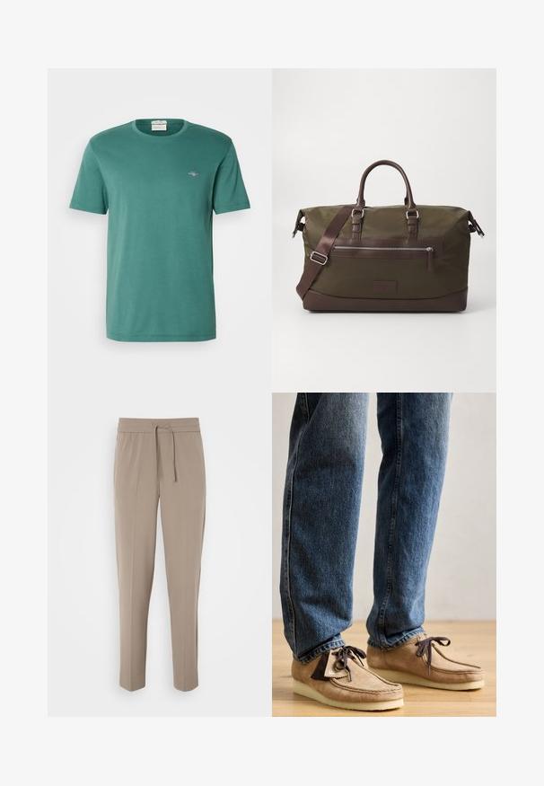 Grønn bomull t-skjorte med rund hals og korte ermer. Har et lite brodert logo på brystet. Glatt tekstur, avslappet passform.; Lys beige bukser med elastisk talje, justerbar snor og avsmalnede ben. Stoffet ser glatt ut med en svak glans.; Suedes mokasiner i tan med mørkebrune detaljer, rund tå og myk hvit såle. Har snøring og sømdetaljer.; Canvas duffel bag i olivengrønn med brune lærdetaljer, med doble håndtak, en avtagbar skulderreim og en frontlomme med glidelås.