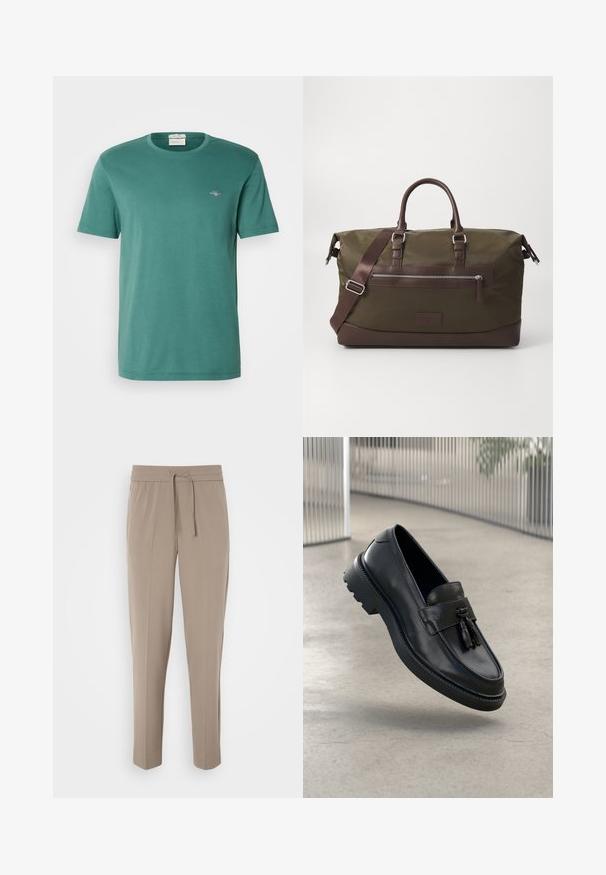T-shirt de algodão verde com gola redonda e mangas curtas. Apresenta um pequeno logótipo bordado no peito. Textura suave, corte casual.; Calças bege claras com cintura elástica, cordão ajustável e pernas ajustadas. O tecido parece suave com um leve brilho.; Mocassins de couro preto com acabamento liso, tassel decorativo, sola grossa de borracha e detalhes costurados. Design leve e elegante.; Saco de duffle em lona na cor verde-oliva com pormenores em couro castanho, apresentando duas alças, uma alça de ombro destacável e um bolso frontal com fecho de correr.