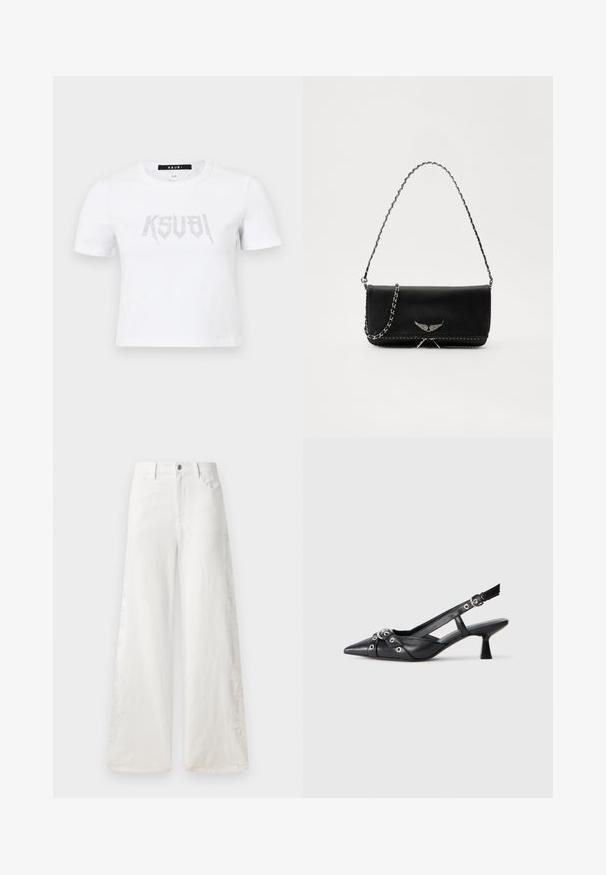 Bela kratka majica s kratkimi rokavi iz bombaža, ki ima na sprednji strani obliko logotipa s srebrnimi kamenčki. Preprosto krojen kroj s sproščenim fitom.; Bele široké jeans hlačnice iz denima, ki vključujejo stranske vezenine in klasičen pet-pocket dizajn. Zadrga za zapiranje s gumbom.; Črne usnjene sandale središnje zaponke z ostro konico, okrasnimi trakovi z kovinskimi očesi in nizko blokasto peto. Teksturirana površina.; Črna usnjena torbica s srebrnim verižnim ročajem, ki ima okrasne krilate poudarke in belo šivanje ob spodnjem šivu.