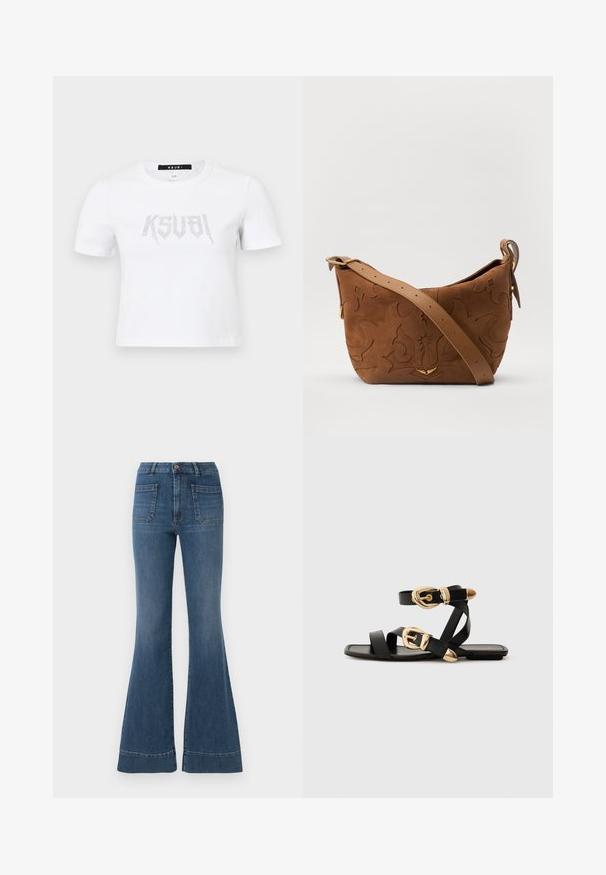 Biely tričko s krátkymi rukávmi vyrobené z bavlny, na prednej strane s ozdobným logom v striebornej farbe. Jednoduchý okrúhly výstrih a voľný strih.; Rozšírené modré džínsy v strednom praní, s vysokým pásom, piatimi vreckami a miernym vyblednutím okolo kolien a stehien.; Čierne kožené sandále so zlatými prackami, s viacerými pásikmi a plochou podrážkou pre otvorené nosenie.; Hnedá semišová kabelka na rameno s embosovaným kvetinovým vzorom, doplnená hladkým hnedým koženým popruhom a zlatými kovovými doplnkami.