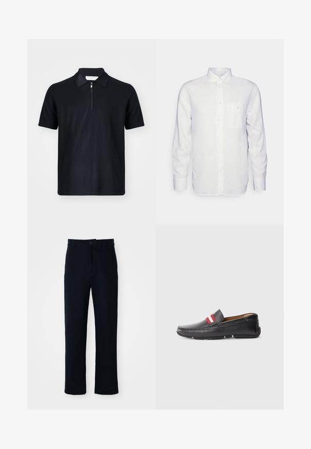 Tengerészkék, rövid ujjú pólóing, puha anyagból készült, cipzáras gallérral és letisztult vonalakkal. Nincsenek látható logók vagy minták.; Hosszú ujjú fehér ing, pamutból készült, gombos gallérral, elülső zsebbel és normál szabással. Texturált anyag, sima felülettel.; Sötétkék pamut nadrág, egyenes szárú fazonnal, elülső gombos záródással és klasszikus derékkal, övhurkokkal.; Fekete bőrcipő, slip-on fazonnal, textúrált felülettel, piros-fehér csíkkal a felsőrészen, lekerekített orral és gumitalppal.