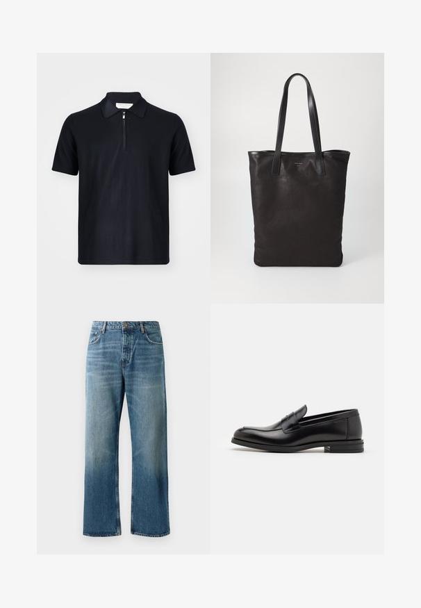 Polo de manga curta azul-marinho feito de tecido suave, com colarinho com fecho zip e linhas limpas. Sem logótipos ou padrões visíveis.; Calças de ganga de perna larga em azul claro com um efeito desgastado, apresentando fecho de botão único, cinco bolsos e costuras em contraste.; Mocassins de couro preto com uma textura suave, bico arredondado e uma faixa decorativa sobre o peito do pé. Salto baixo e empilhado, design minimalista.; Saco de lona preto com alças de couro pretas. Design simples, corpo espaçoso e textura suave. Sem logótipos ou padrões visíveis.